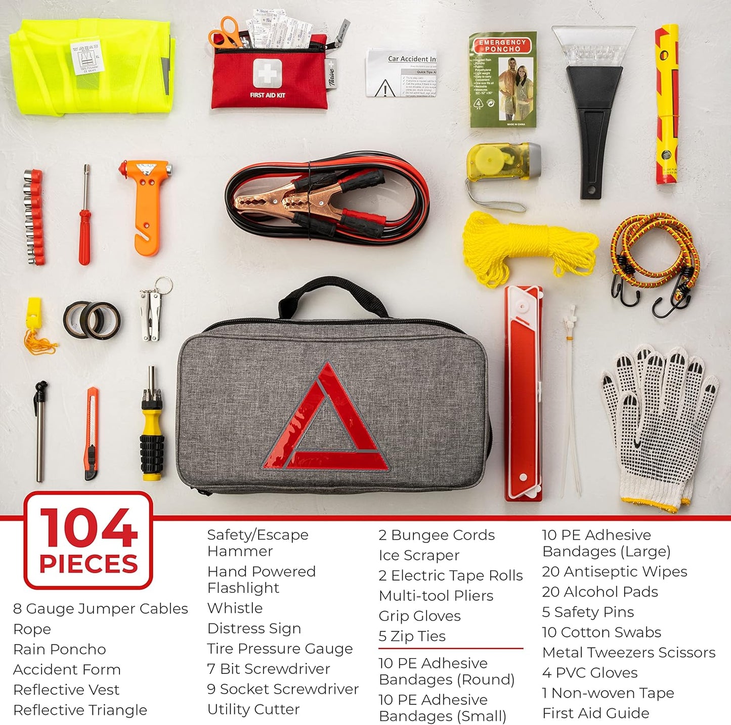 Roadside Emergency Car Kit - 104-Piece with Jumper Cables & First Aid Kit