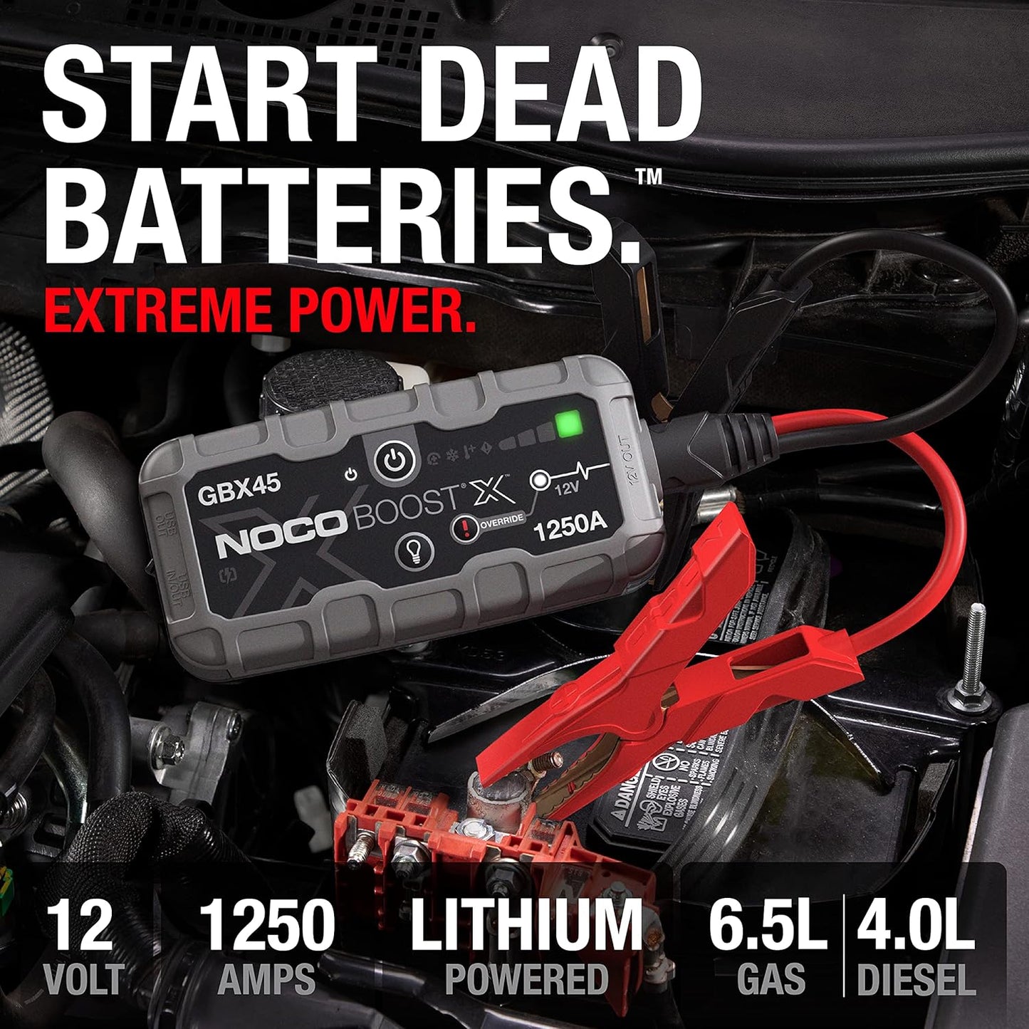 Boost X GBX45: 1250A Ultrasafe Jump Starter – 12V Lithium Battery Booster Pack, Portable Jump Box, Power Bank & Jumper Cables - for 6.5L Gas and 4.0L Diesel Engines