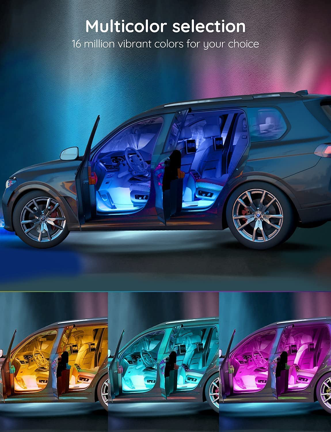 Car LED Lights, Smart Car Interior Lights with App Control, RGB Lights with DIY Mode and Music Mode, 2 Lines Design LED Lights for Cars with Car Charger, 12V