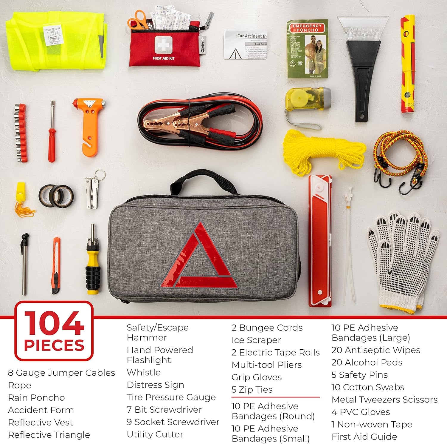 Roadside Emergency Car Kit - 104-Piece with Jumper Cables & First Aid Kit