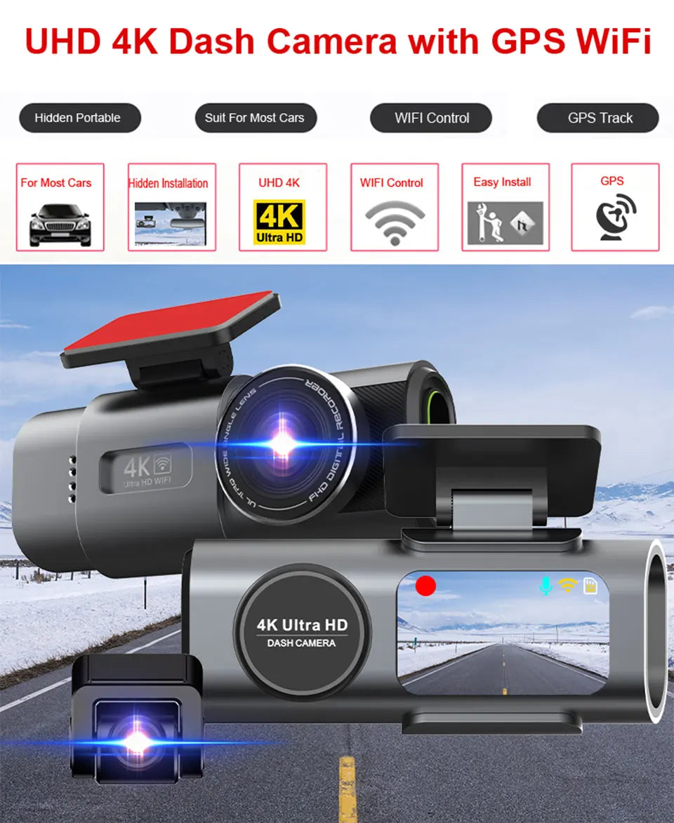 4K UHD Dash Cam with Night Vision, Built-In Wi-Fi, GPS, and 24H Parking Monitor