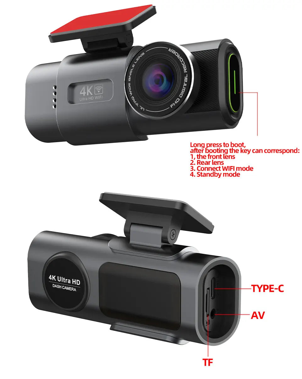 4K UHD Dash Cam with Night Vision, Built-In Wi-Fi, GPS, and 24H Parking Monitor