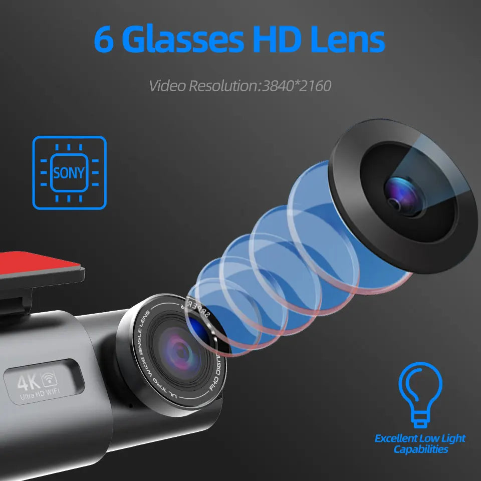 4K UHD Dash Cam with Night Vision, Built-In Wi-Fi, GPS, and 24H Parking Monitor