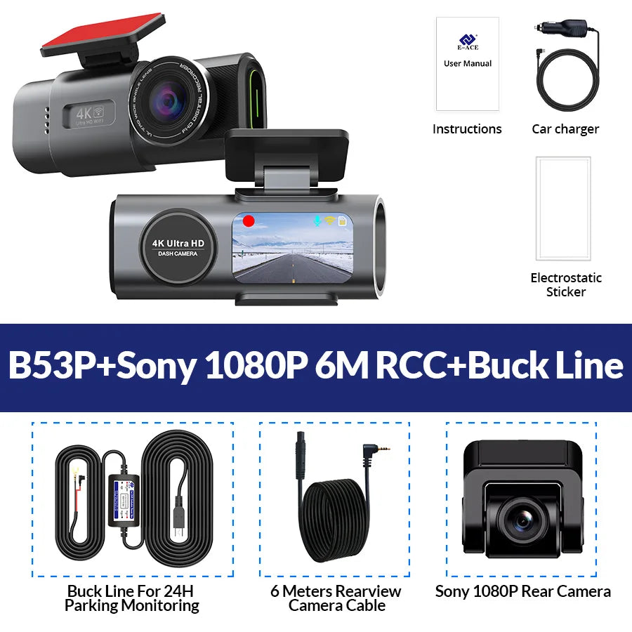 4K UHD Dash Cam with Night Vision, Built-In Wi-Fi, GPS, and 24H Parking Monitor
