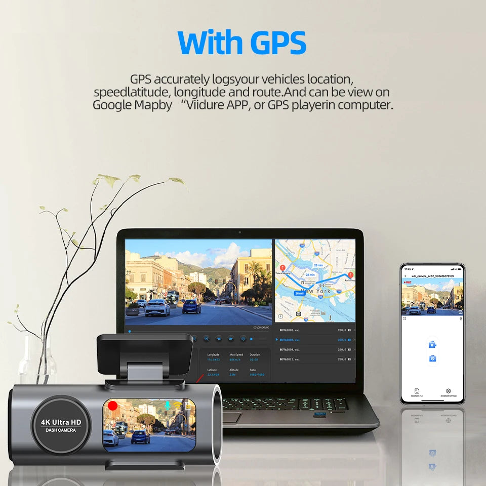 4K UHD Dash Cam with Night Vision, Built-In Wi-Fi, GPS, and 24H Parking Monitor