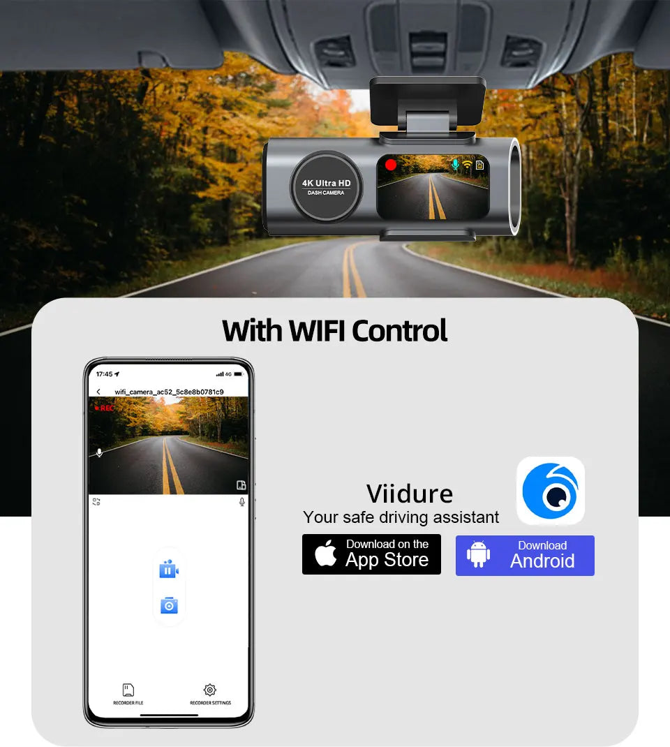 4K UHD Dash Cam with Night Vision, Built-In Wi-Fi, GPS, and 24H Parking Monitor