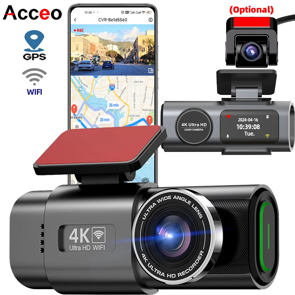 4K UHD Dash Cam with Night Vision, Built-In Wi-Fi, GPS, and 24H Parking Monitor