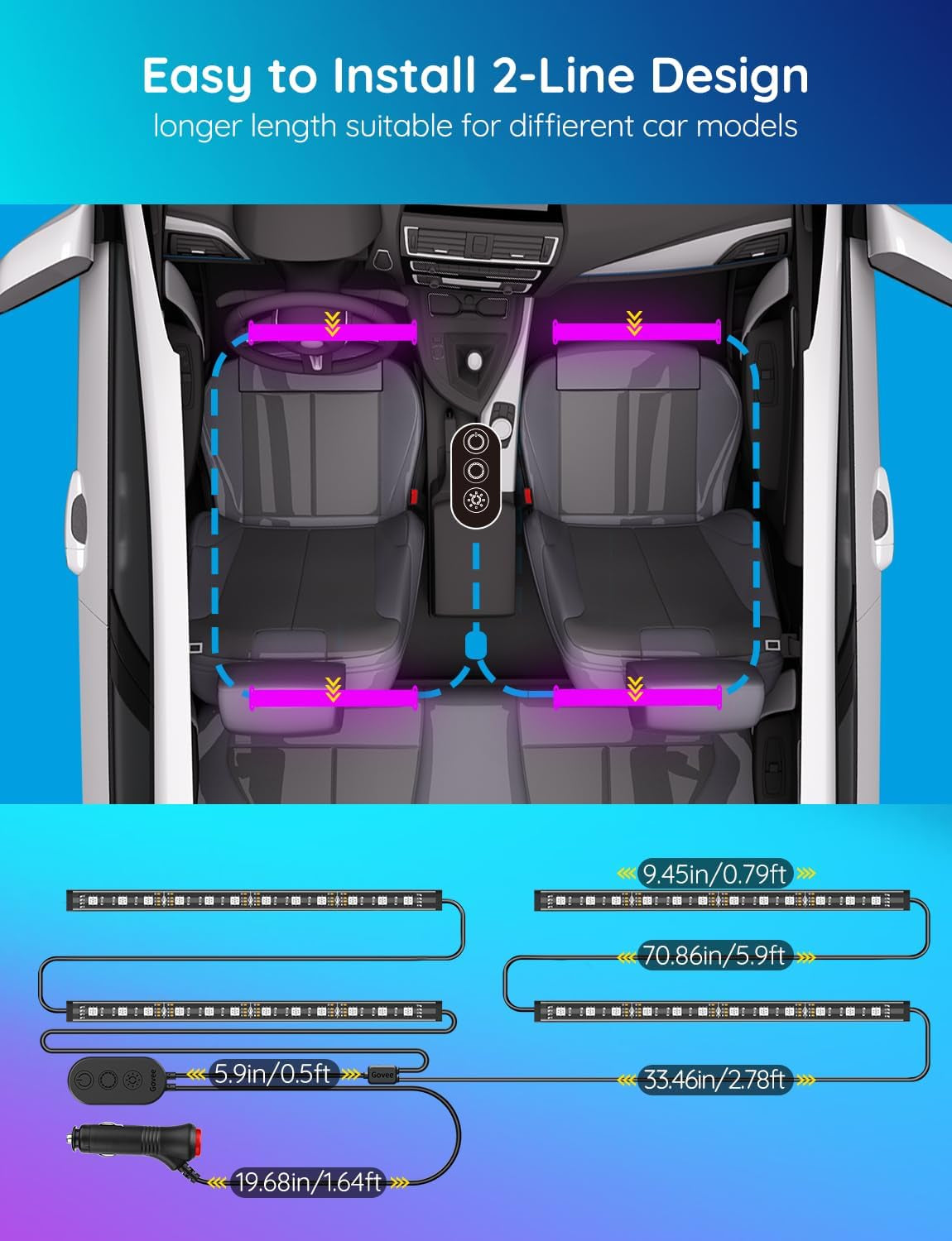 Car LED Lights, Smart Car Interior Lights with App Control, RGB Lights with DIY Mode and Music Mode, 2 Lines Design LED Lights for Cars with Car Charger, 12V