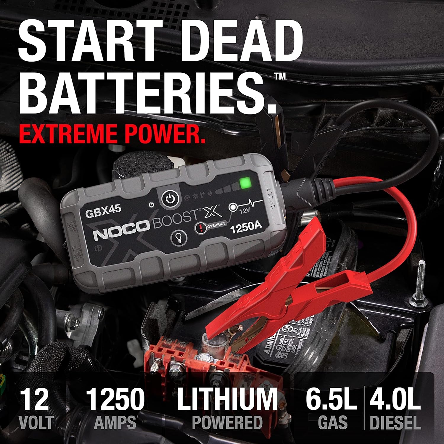 Boost X GBX45: 1250A Ultrasafe Jump Starter – 12V Lithium Battery Booster Pack, Portable Jump Box, Power Bank & Jumper Cables - for 6.5L Gas and 4.0L Diesel Engines